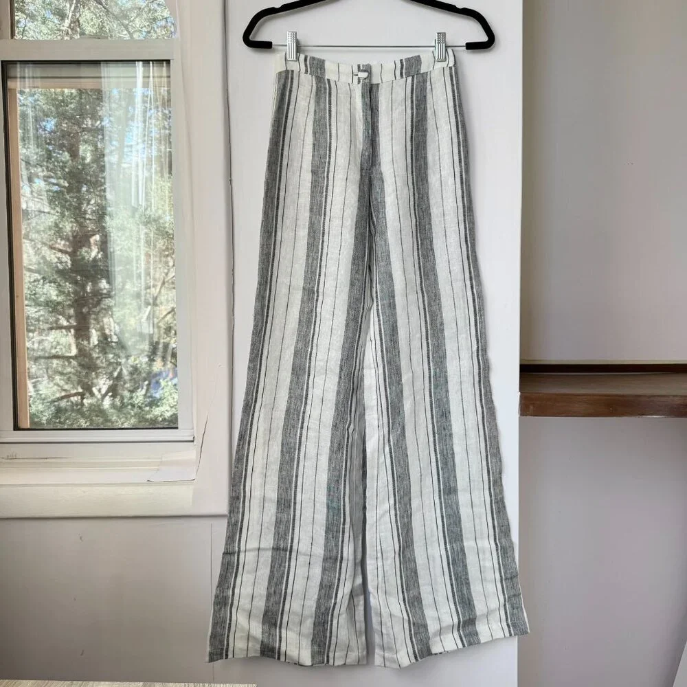 Reformation Romero Striped Linen Wide-Leg Pants White Grey 0